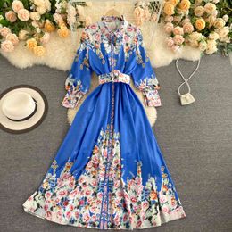 Women Vintage Print Floral Dress Turn Down Collar Puff Sleeve A Line Dress Autumn Bohemian Palace Style Maxi Dress 210419