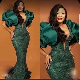 New Year Elegant Green Prom Dresses with Puff Sleeves Beads Sequined Mermaid Evening Gowns Plus Size Special Occasion Party Dress for African Women Black Girls 2022