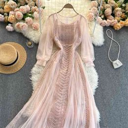 Spring Round Neck Mesh See-through Vestidos Women's Waist Slimming Lace Large Midi Dress C775 210506