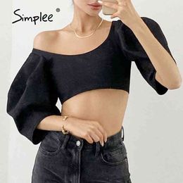 Vintage puffy sleeve black short tops women Summer fashion high street slim blouse Solid chic o-neck spring crop top 210414