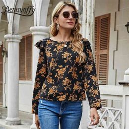 Round Neck Ruffle Trim Floral Print Blouse Spring Women Fashion Long Sleeve Boho Casual Tops And Blouses 210510