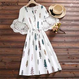 Cotton Linen Vintage Summer Dress Women O-neck Tree Printed Casual Female Short Sleeve Loose es For 4616 210512