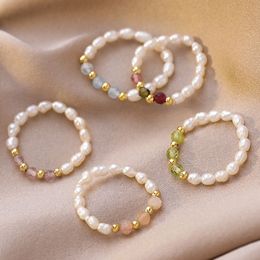 Colourful Pearl Crystal Bead Gold Plated Handmade Elastic Band Rings For Women Girl Party Club Decor Fashion Jewellery