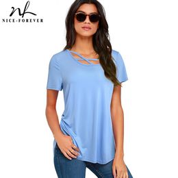 Nice-forever Summer Women Fashion Pure Color Cross Neckline T-Shirts Casual Oversized Tees Tops T012 210419