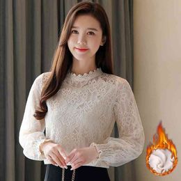 Plus velvet Solid Color Stand Collar Lace Shirt White Long Sleeve Women Blouse Korean Fashion Clothing Top 885i 210420