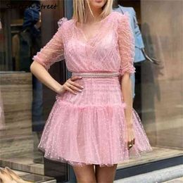 Vintage Pink Mesh Dress Woman V-neck Summer Diamond Belt High Waist Bodycon Female Runway Party Mini es Clothing 210603