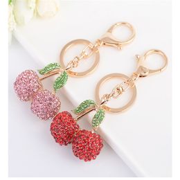 Crystal Cherry Keychain Fruit Keyring Rhinestone Handbag Pendant Car Key Chain Ring Holder Wholesale
