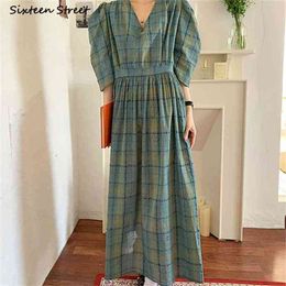 retro elegant dresses woman V-neck high waist green plaid maxi vestidos clothing spring korean dress female summer 210603