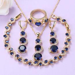 Earrings & Necklace African Jewellery Set For Women Wedding Gold-Color Costume Blue Cubic Zirconia Long And Bracelet Ring Bridal