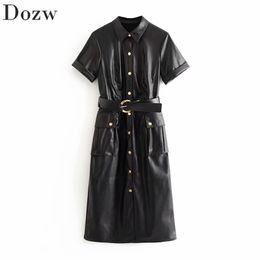 Fashion PU Faux Leather Dress Women Short Sleeve Solid Casual Dress Stylish Turn Down Collar Pockets Dresses With Belt Vestidos 210414