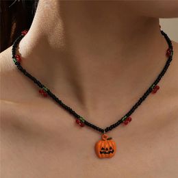 Necklace Jewellery For Women Pumpkin Pendant Necklaces Alloy Enamel Black Red Beads Chokers Short Chains Halloween Party