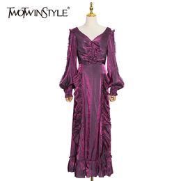 Elegant Patchwork Ruffle Dress Women V Neck Lantern Sleeve High Waist Side Split Maxi Dresses Female Fashion 210520