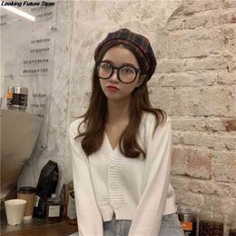 Knitted Crop Cardigan Women Korean Short Sweater Long sleeve V neck Cardigan Green Blueexpose Waist Women Clothing 210918