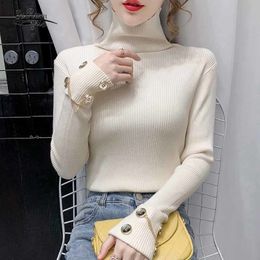 Thick Turtleneck Solid Winter Elegant Women Chic Cuff Slim Knitted Sweater Pullover Buttons Zipper Bottoming 12120 210508