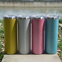 Wholesale! 20oz Skinny Straight Colorful Glitter Tumbler Blue White Pink Yellow Stainless Steel Water Bottles Double Wall Insulated Cups Drinking Milk Mugs A12