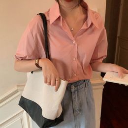 4 Colours Korean Style Loose turn down collar Roll up solid Colour Short Sleeve Shirt Summer Vintage Blouse (X1842) 210423