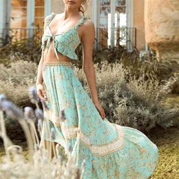 Floral print women summer dress 2 pieces set beach wrap maxi long sleeve casual holiday boho 210415