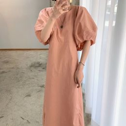 Women Blue Minimalism Vintage Elegant Robe Dress Round Neck Short Puff Sleeve Loose Fashion Summer 16W907 210510