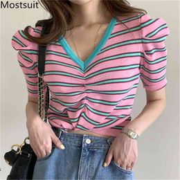 Summer Striped Knitted T Shirt Tops Women Short Sleeve V-neck Drawstring Tees Pullover Korean Fashion Ladies T-shirt Femme 210513