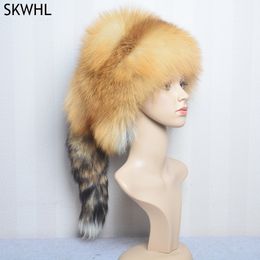 Winter Women Fur Cap Real Genuine Natural Fox Hats Headgear Russian Outdoor Girls Beanies Cap Ladies Warm Fashion Bomber Hat