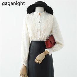 Lace Elegant Women Blouse Flare Sleeve Office Lady Half Turtleneck Shirts Formal Spring Fashion Blouses Chic 210601
