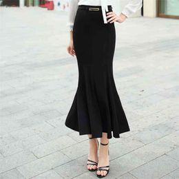 Long Skirt Women Fish Tail Black With Belt Mid-calf Length Spring Autumn Mermaid Trumpet Empire High Waist Stretchy B90591 210421