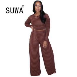 Classic Fashion Contrast Striped Printed Casual 2 Piece Outfits Women Sets Long Sleeve Pullover Tunic Wide Leg Pants Office Suit 210525