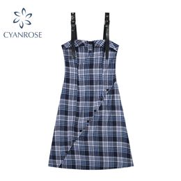 Women's Plaid Spaghetti Strap Dress Summer Suspenders Irregular Spliced Vest Dresses Single Breasted Streetwear Slim Frcoks 210417