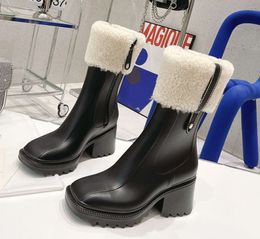 2021 Women Betty Boots PVC Rubber Beeled Platform Knee-high tall Rain Cashmere Boot Black Waterproof Welly hloe Shoes Outdoor Rainshoes High heels