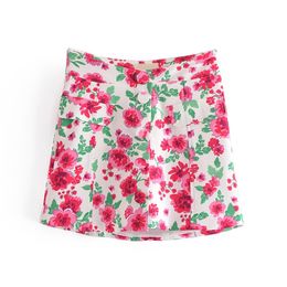 Sweet Flower Print Mini Skirt Elegant Women Button High Waist Office Suits Mujer Summer Jupe 210514