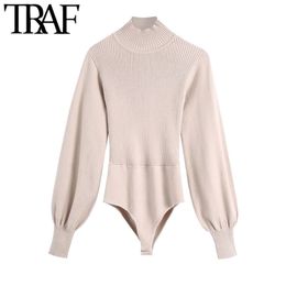 Women Fashion Backless Snap-button Knitted Bodysuits Vintage High Neck Lantern Sleeve Female Playsuits Chic Tops 210507