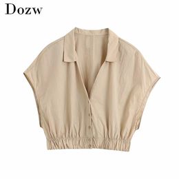 Fashion Sleeveless Khaki Cropped Blouse Women Casual Turn Down Collar Shirt Female Solid Elastic Hem Buttons Tops Blusas 210414