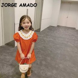 Summer Teenager Girls Dress Orange Red Peter Pan Collar Princess Dresses Cute Style Fashion Clothes E1020 210610