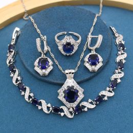 Earrings & Necklace Dark Blue Stones Silver Color Jewelry Sets For Women Party Bracelet Adjustable Open Ring Gift Box