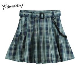 Yitimuceng Plaid Skirt Women pleated Chain Mini High Waist A-Line Clothing Summer Korean Fashion Preppy Style Skirts 210601