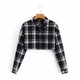 Streetwear Women Black Plaid Shirts Fashion Ladies Turn Down Collar Tops Causal Female Chic Button Short Blouses 210430