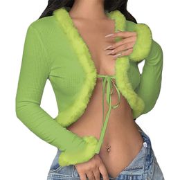 Sexy Tanks Tops Women Long Sleeve Tie-up Cardigan Deep V Solid Crop Tops Fur Trim Fashion Knitted Sweaters