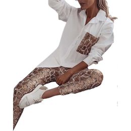 Women Autumn Sexy Two Pieces Set Snake Pattern Print Long Sleeve Loose Shirt And Pants Ladies Casual Streetwear Outfit SJ5059M Y0625