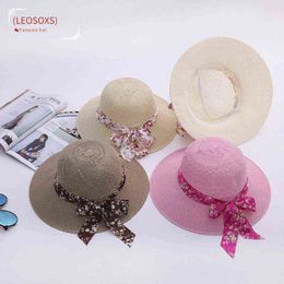(LEOSOXS) 2021Summer Girls Sun Hats Wide Brim Bowknot Straw Hat with Ribbon Outdoor Sun Protection Women Hats Ladies Panama Caps G220301