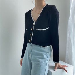 Loose Knitted Chic High Waist Basic Women V-Neck Autumn Office Lady Work Cardigans Sweaters Female Tops 210421