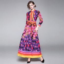 Fall Women Maxi Dress Floral Print Rainbow Striped Chiffon Plus Size Boho Style Vestidos Elegant Bow tie Collar Long Dress 210514