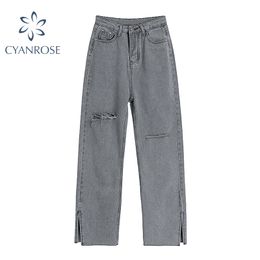 High Waist Grey Ripped Jeans Women Streetwear Baggy Harajuku Wide Leg Jeans Female Trousers Vintage Straight Long Pants 210417