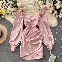 Spring Autumn Women's Satin Dress Retro Black Square Neck Long Sleeve Mini Vestidos Female 210712