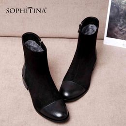 SOPHITINA Fashion Round Toe Ladies Boots Casual Metal Decoration Med Heel Shoes Winter Basic Solid Square Heel Women Boots SO203 210513