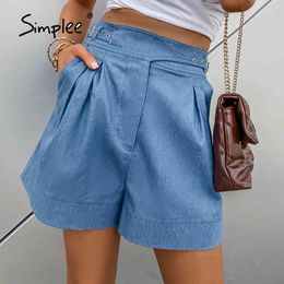 Casual solid blue waist women Fashion high street drape zipper shorts Basic female bottoms summer holiday 210414