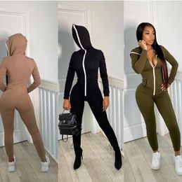 Women's Tracksuits Zipper Hooded Fitness Casual Sporty Rompers Womens Jumpsuit Long Sleeve Autumn Fashion Workout Solid One Piece Outfits 011911 2pcs