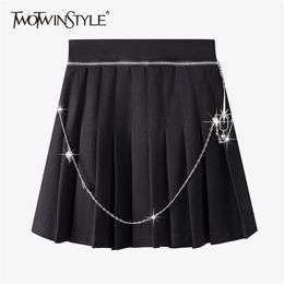 Preppy Style Patchwork Metal Chain Skirt For Women High Waist Black Mini Pleated Skirts Female Summer Fashion 210521