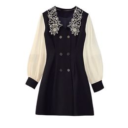 Fashion Lady Plus Size Square Neck Patchwork Embroidery Collar Chiffon Double Breasted Slim Fit Dress D3005 210514