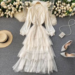 Spring Autumn Women Sexy V-neck Lace Patchwork Fairy Dress Elegant Ladies Puff Sleeve Long with Belt 210423