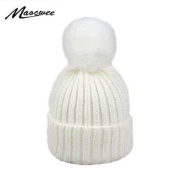 Faux Fur Pompom Hat Winter kid Hats Skullies Beanies Child Warm Caps Elasticity Knit Beanie Hats Children Pom Hats Girls Boy Y21111